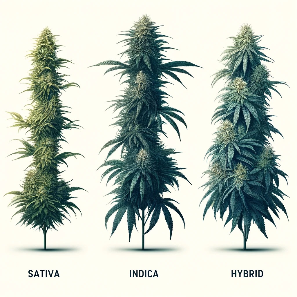 Sativa、Indica、Hybridの3つの異なる大麻植物を比較した画像。Sativaは細長く、Indicaは太く茂っており、Hybridはその中間の特徴を持つ。