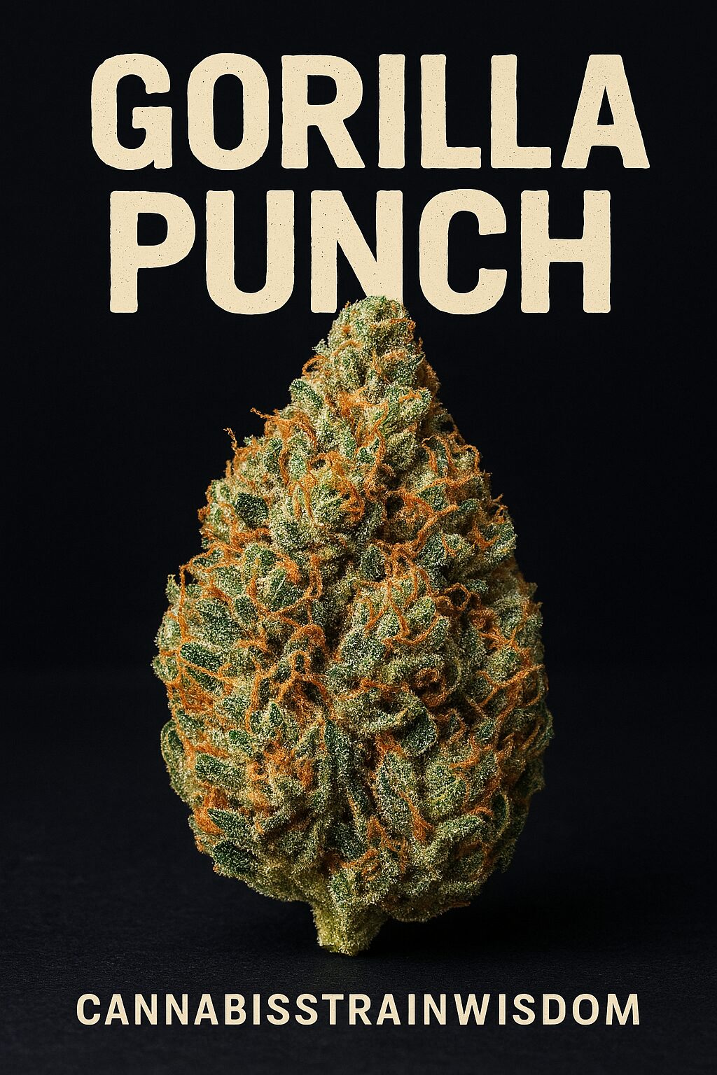 トリコームとオレンジ色のピストルに覆われたGorilla Punchの大麻バッズの接写。背景は黒で、「GORILLA PUNCH」と「CANNABISSTRAINWISDOM」の文字が表示されている。