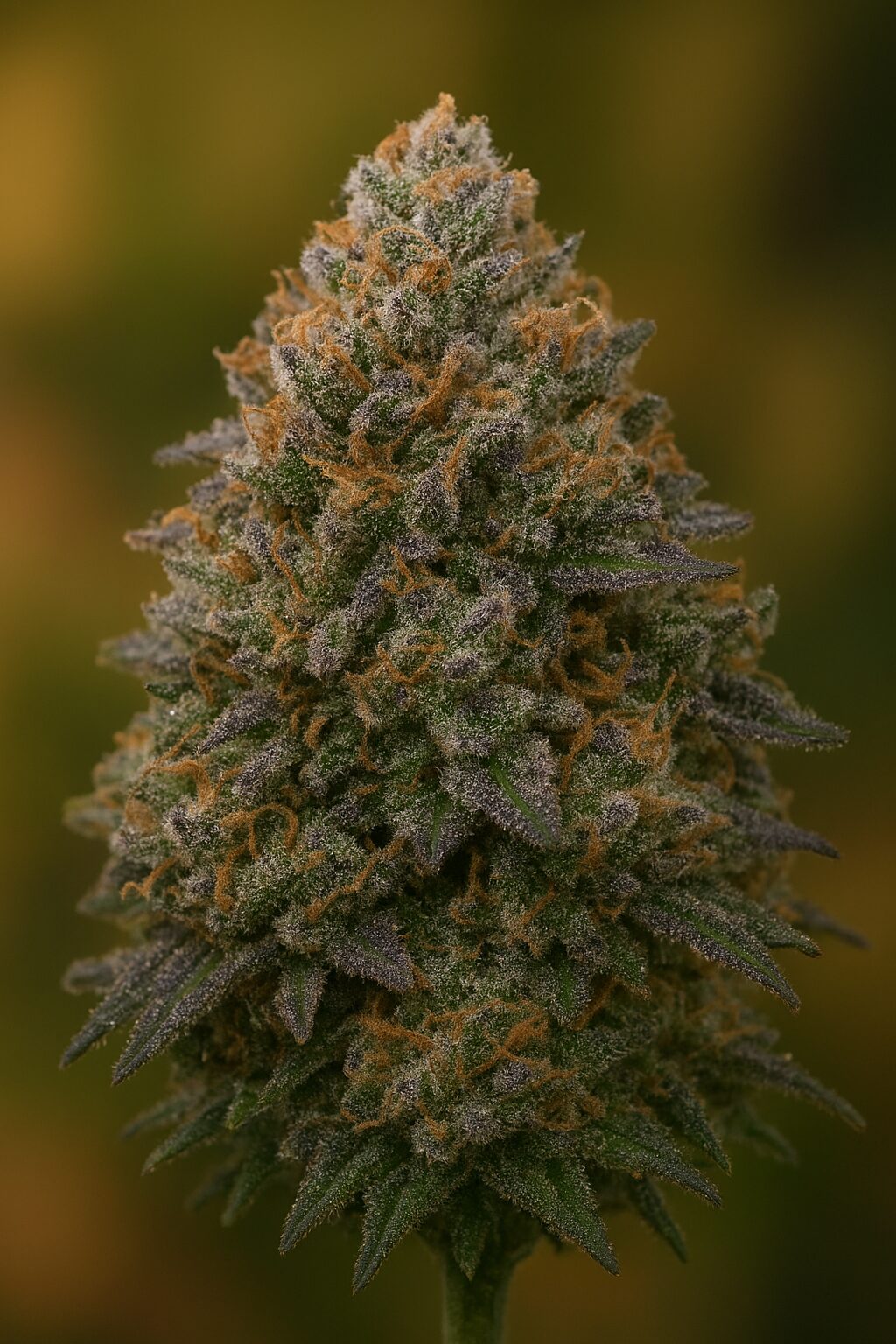Pablo’s Revenge の大麻花。トリコームが密集した濃緑と紫のバッドにオレンジピストルが映える。Tiki Madman が手掛けたクラフトストレイン。
