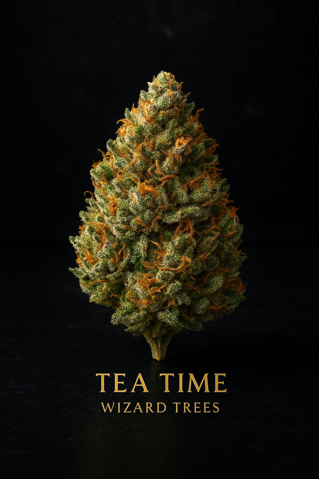 Wizard Trees のハイブリッド品種 Tea Time の大麻バッズ。Zkittlez と RS11 を掛け合わせた遺伝で、トリコームが密に輝く緑と紫のコントラストが特徴。