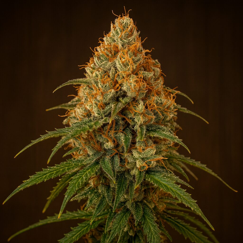 Golden Tiger の成熟したトップバッズ。オレンジ色のピストルと密度の高いトリコームが特徴的な、クラシックサティバの形状を示す花穂。