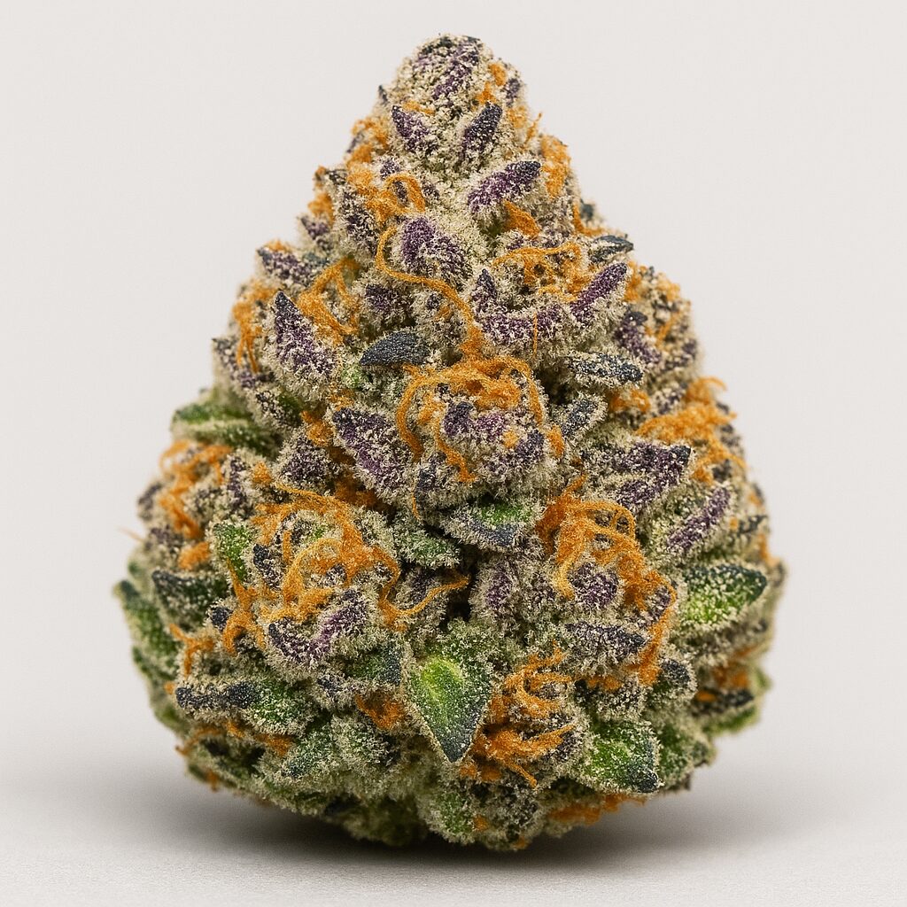 Permanent Marker の紫がかった花と高密度トリコーム。甘いベリー香とガス系アロマを持つ第四世代ハイブリッドの特徴を示すクローズアップ。